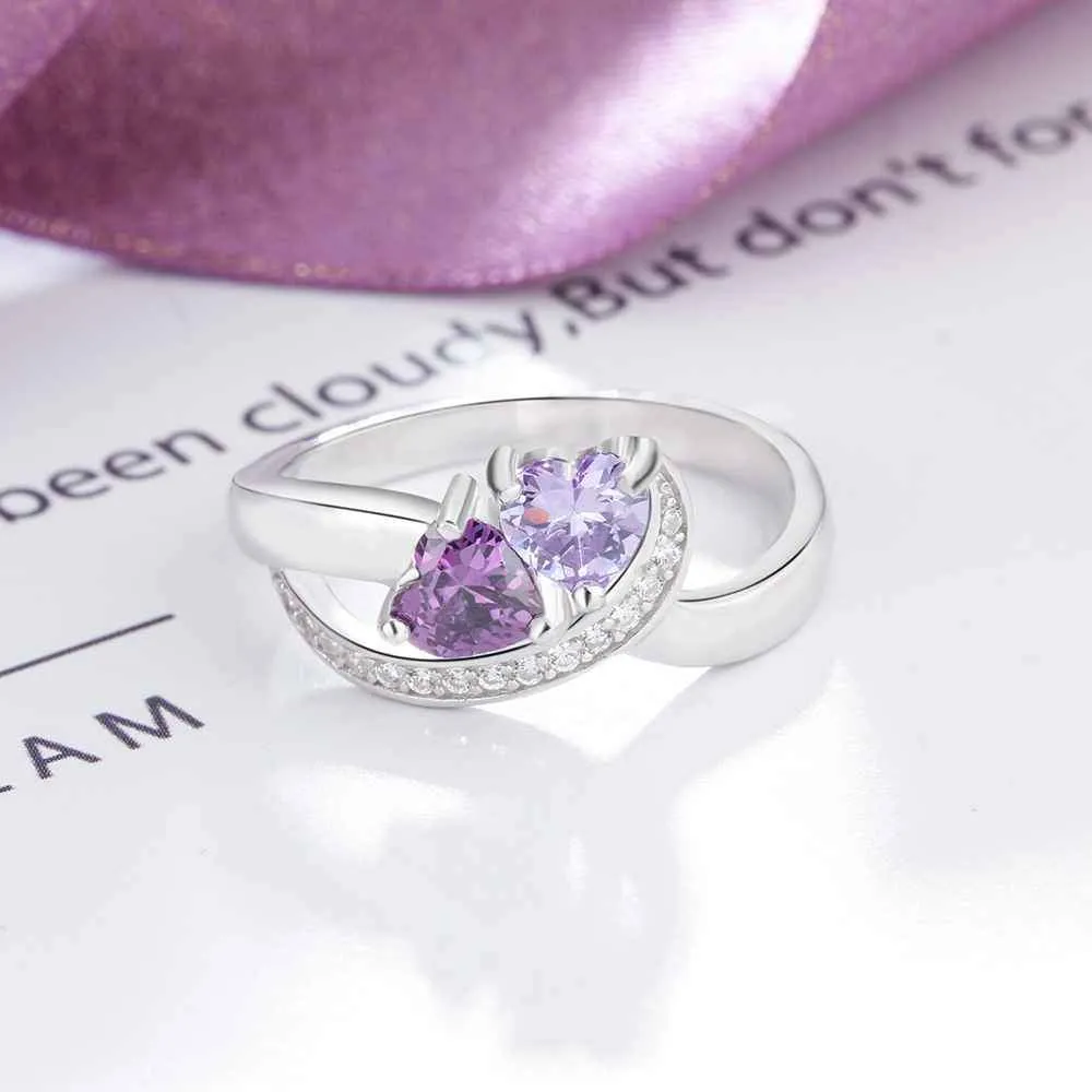 925 Sterling Silver Heart Birthstone Custom 2 Names Engraved Ring, Fashion Jewelry Gift for Women