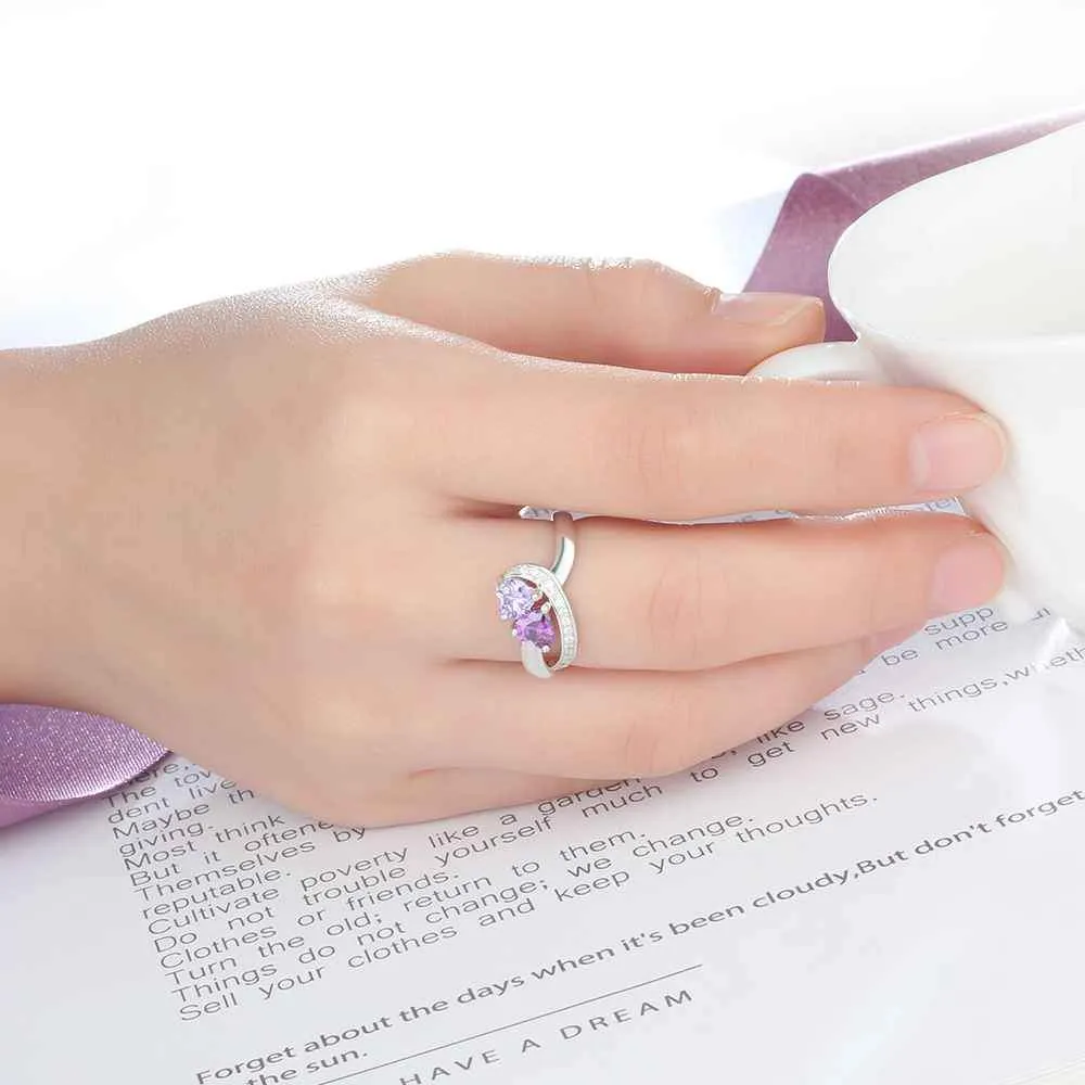 925 Sterling Silver Heart Birthstone Custom 2 Names Engraved Ring, Fashion Jewelry Gift for Women