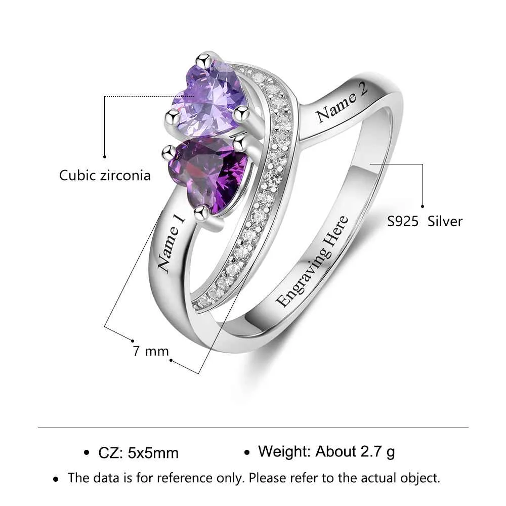 925 Sterling Silver Heart Birthstone Custom 2 Names Engraved Ring, Fashion Jewelry Gift for Women