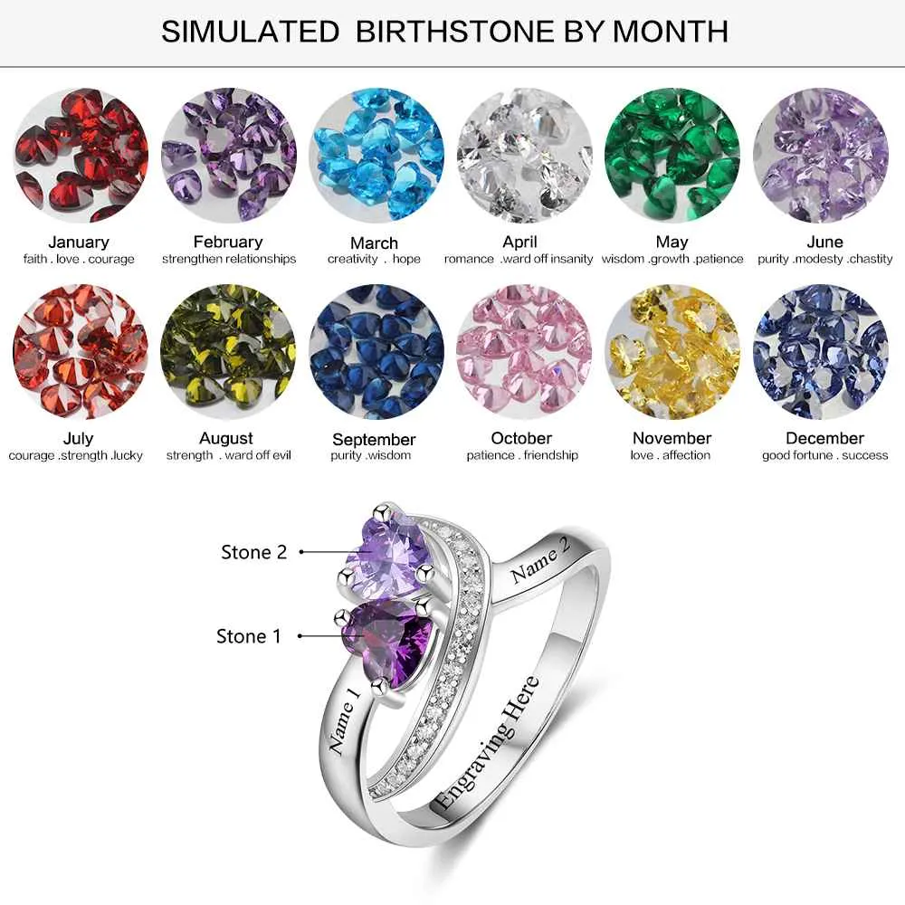 925 Sterling Silver Heart Birthstone Custom 2 Names Engraved Ring, Fashion Jewelry Gift for Women