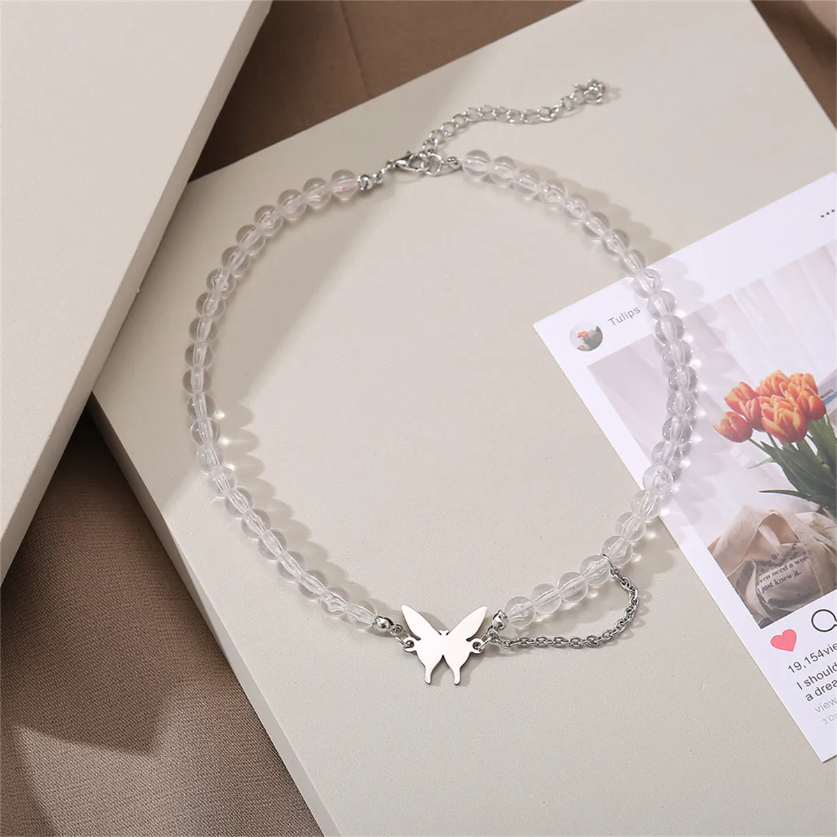 Acrylic & Silver-Plated Chain-Accent Butterfly Beaded Choker Necklace