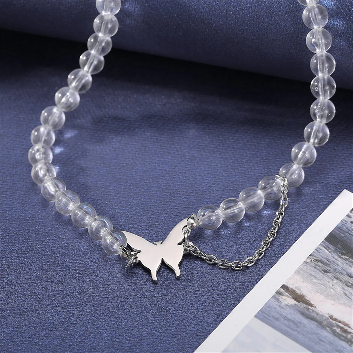 Acrylic & Silver-Plated Chain-Accent Butterfly Beaded Choker Necklace