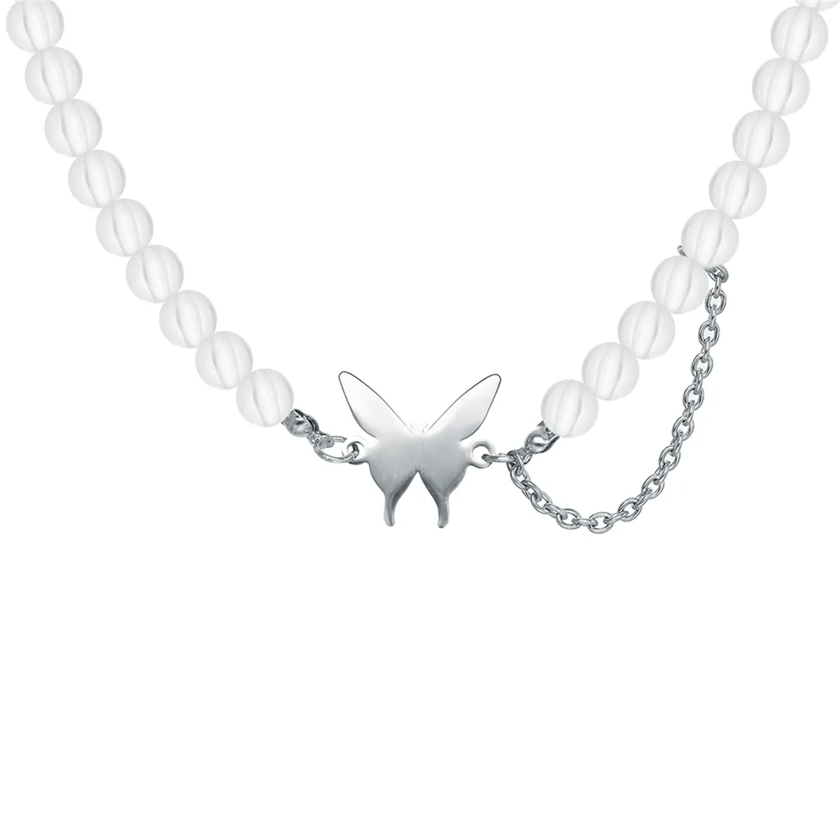 Acrylic & Silver-Plated Chain-Accent Butterfly Beaded Choker Necklace