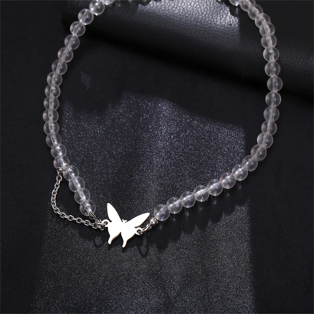 Acrylic & Silver-Plated Chain-Accent Butterfly Beaded Choker Necklace