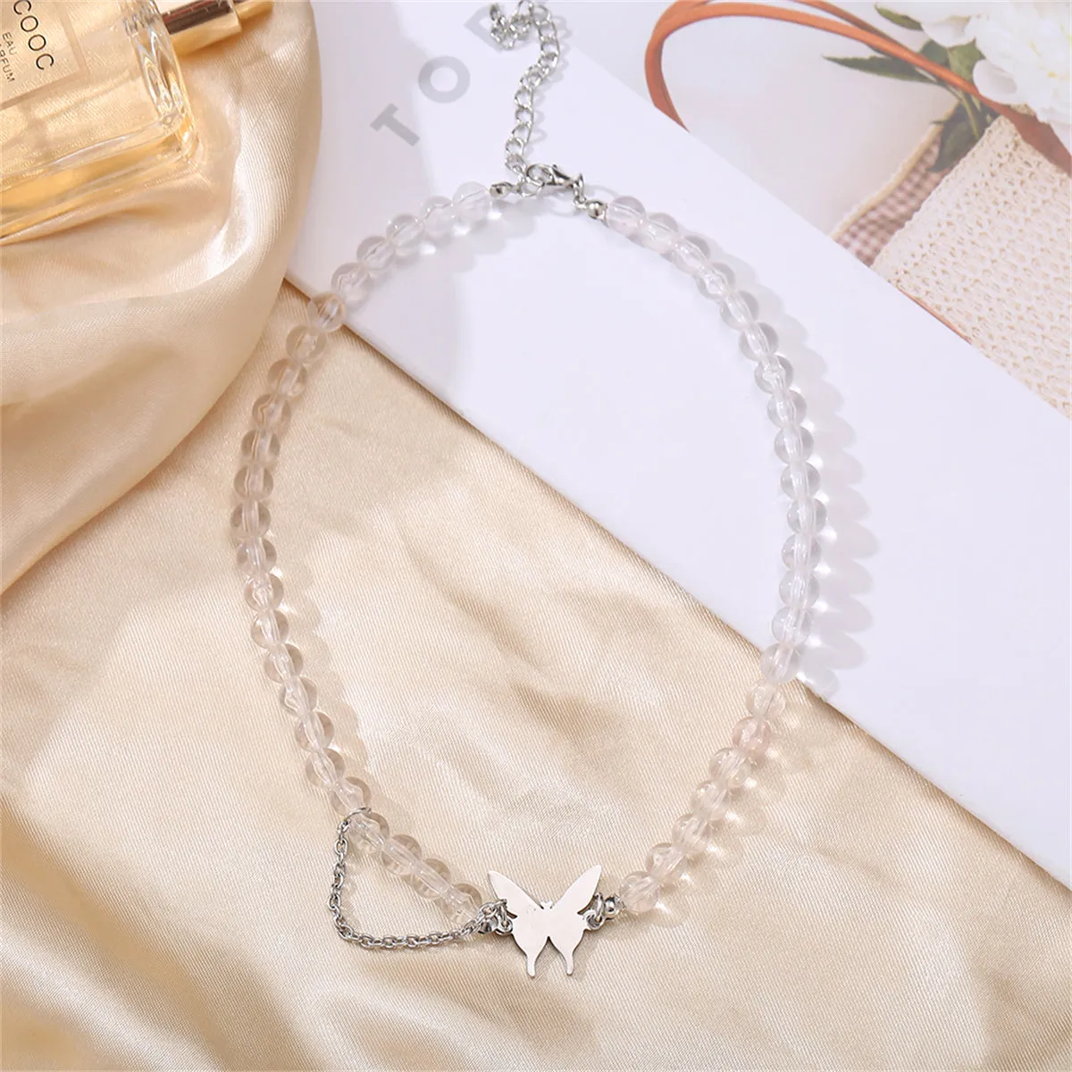 Acrylic & Silver-Plated Chain-Accent Butterfly Beaded Choker Necklace