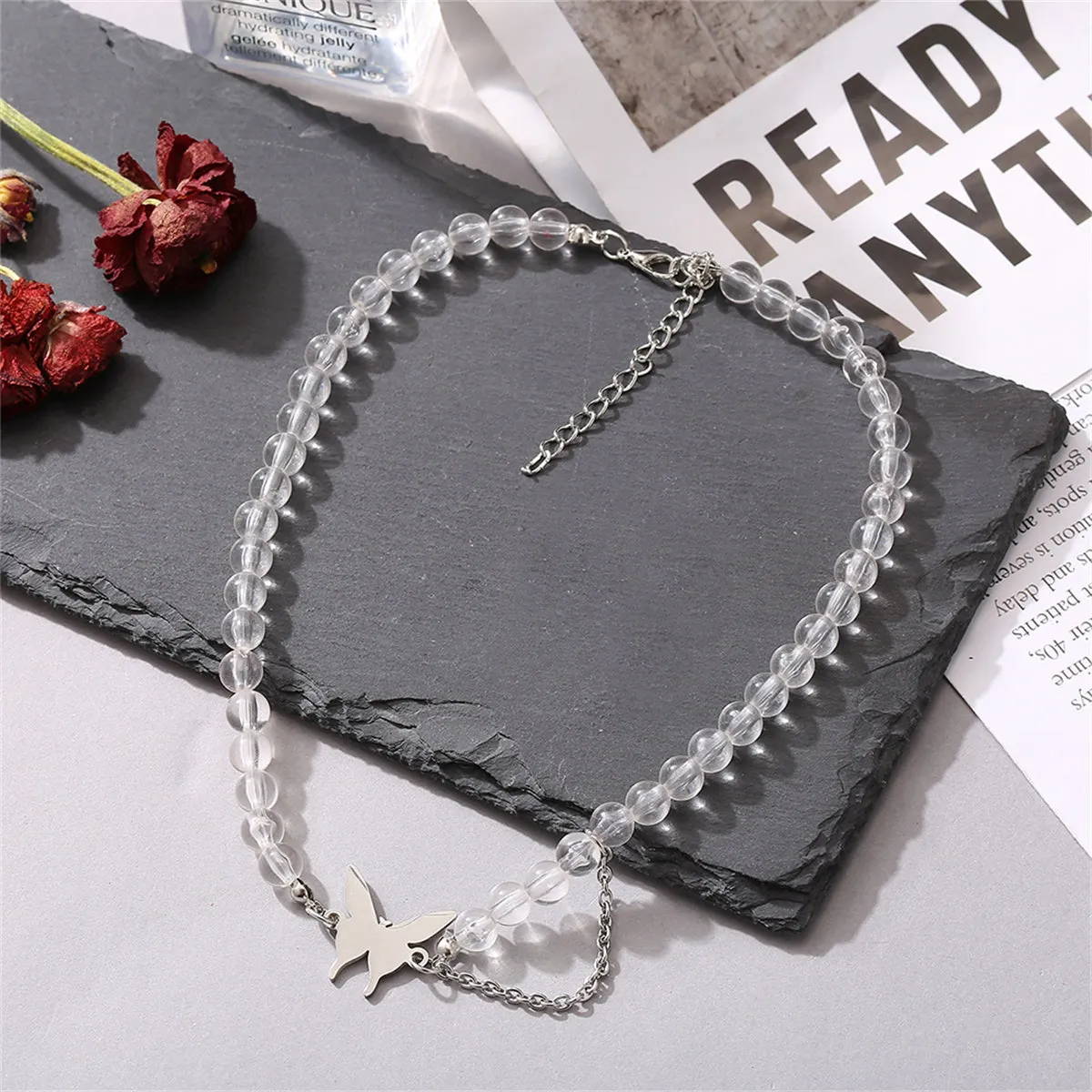 Acrylic & Silver-Plated Chain-Accent Butterfly Beaded Choker Necklace