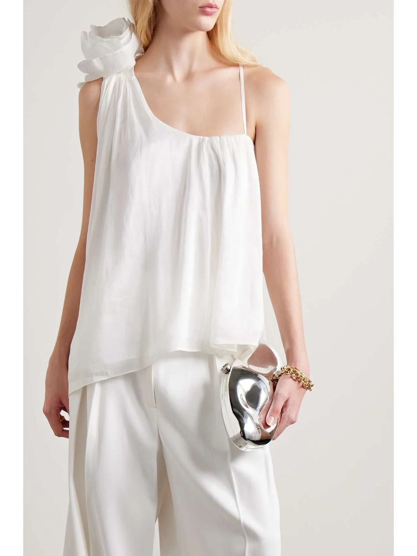 AJE.
Quintessa one-shoulder appliquéd linen and silk-blend crepon top