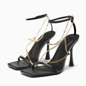 Ankle Strap Gold Chain Embellished Sandal Heels