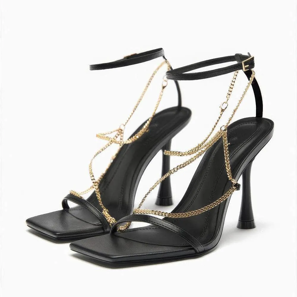 Ankle Strap Gold Chain Embellished Sandal Heels