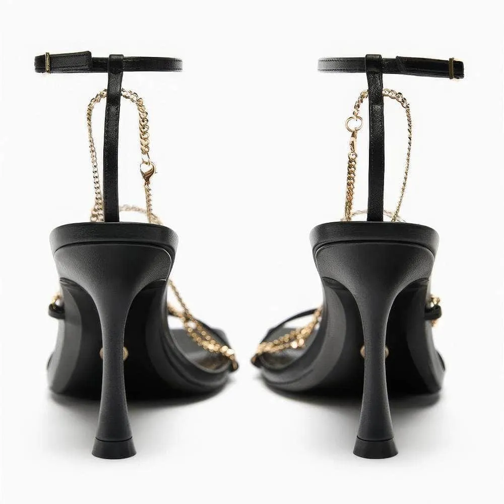 Ankle Strap Gold Chain Embellished Sandal Heels