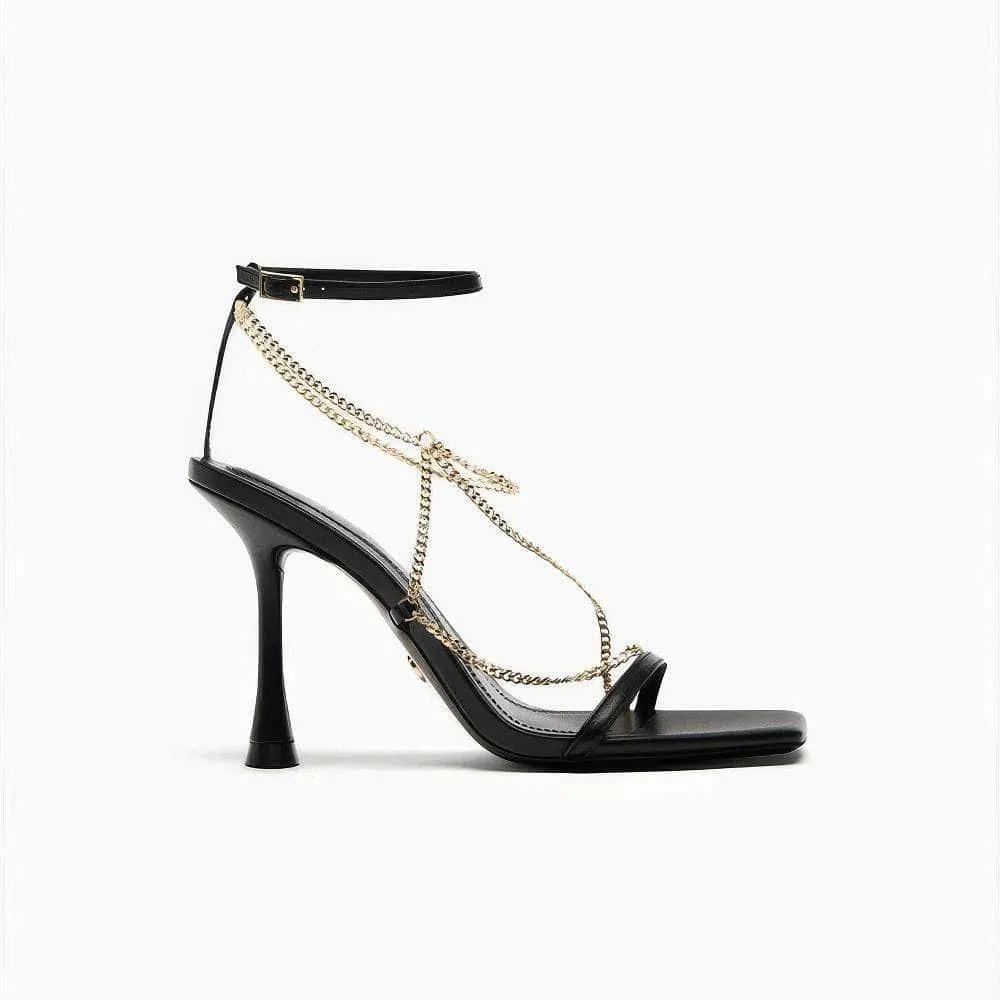 Ankle Strap Gold Chain Embellished Sandal Heels