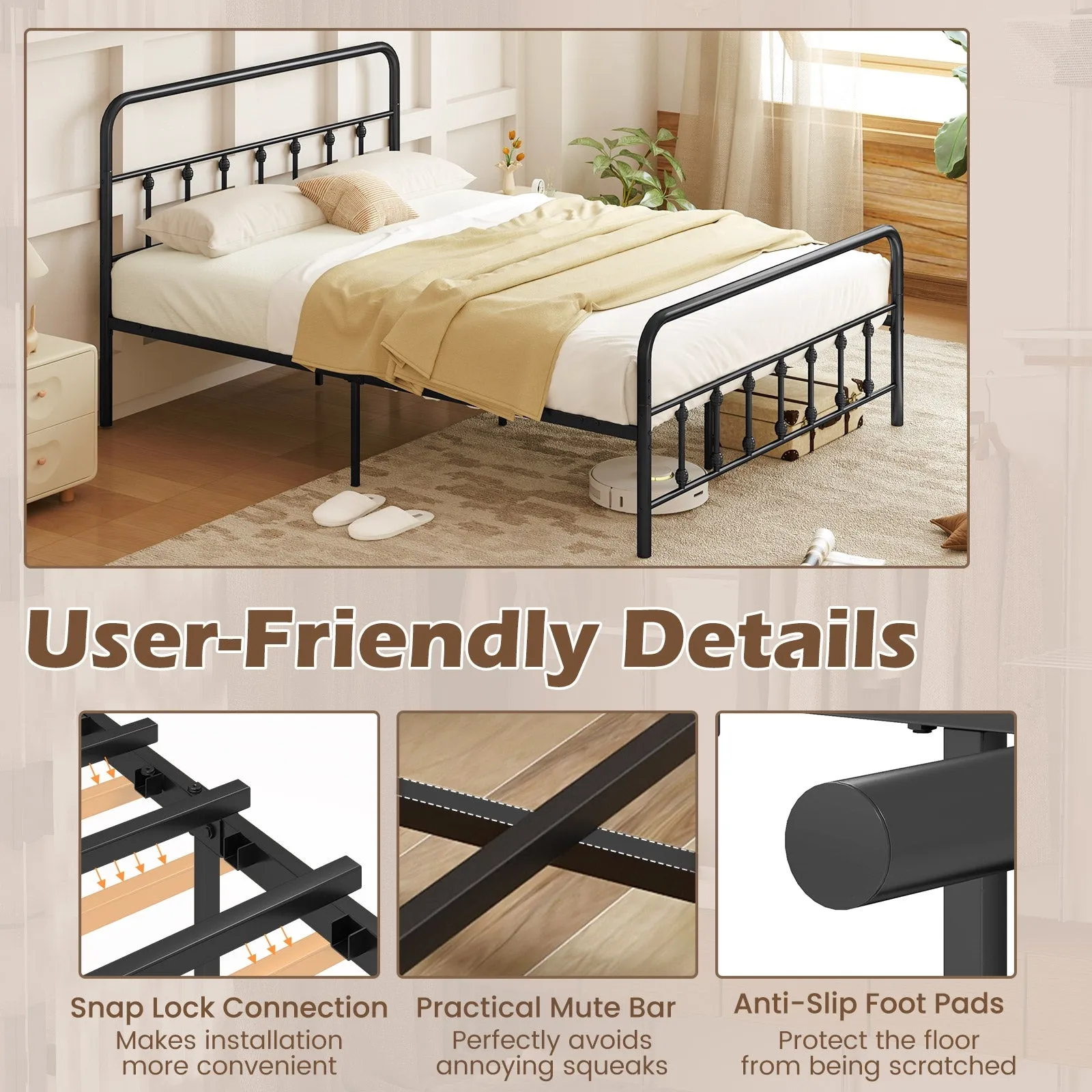 Bed Frame with Headboard and Under Bed Storage Black-Queen Size