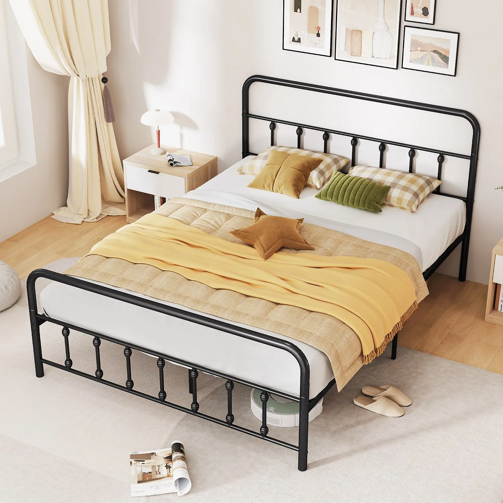 Bed Frame with Headboard and Under Bed Storage Black-Queen Size