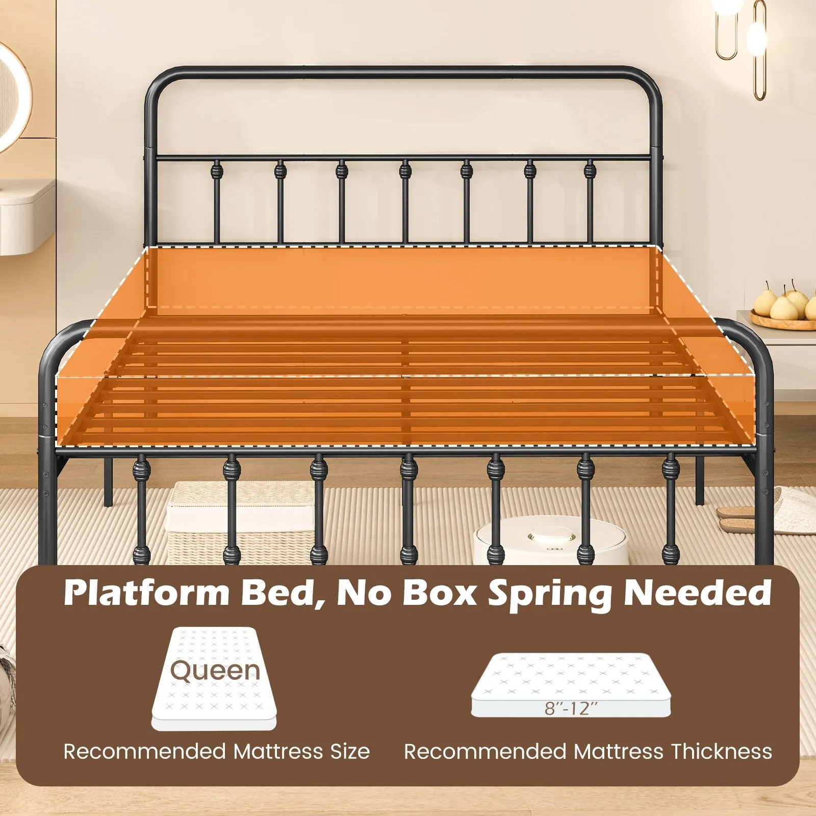 Bed Frame with Headboard and Under Bed Storage Black-Queen Size