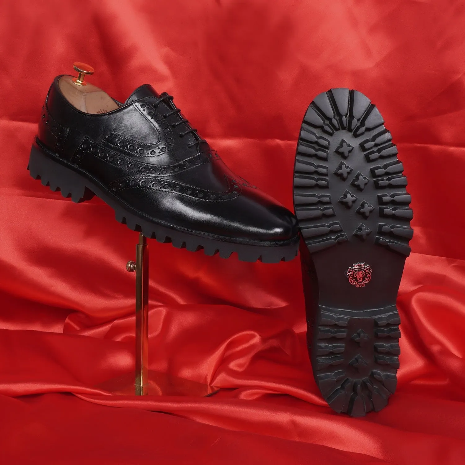 Black Croco Leather Toe with Chunky Sole Brogue Punching Shoes