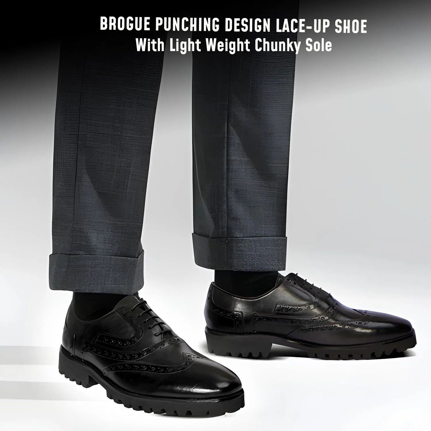 Black Croco Leather Toe with Chunky Sole Brogue Punching Shoes