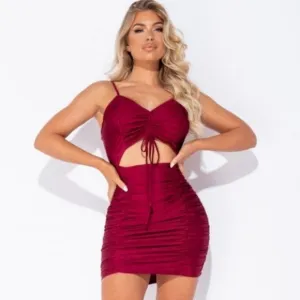 Burgundy Sleeveless V-Neck Ruched Cutout Bodycon Mini Dress