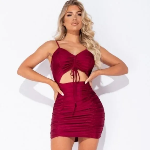 Burgundy Sleeveless V-Neck Ruched Cutout Bodycon Mini Dress