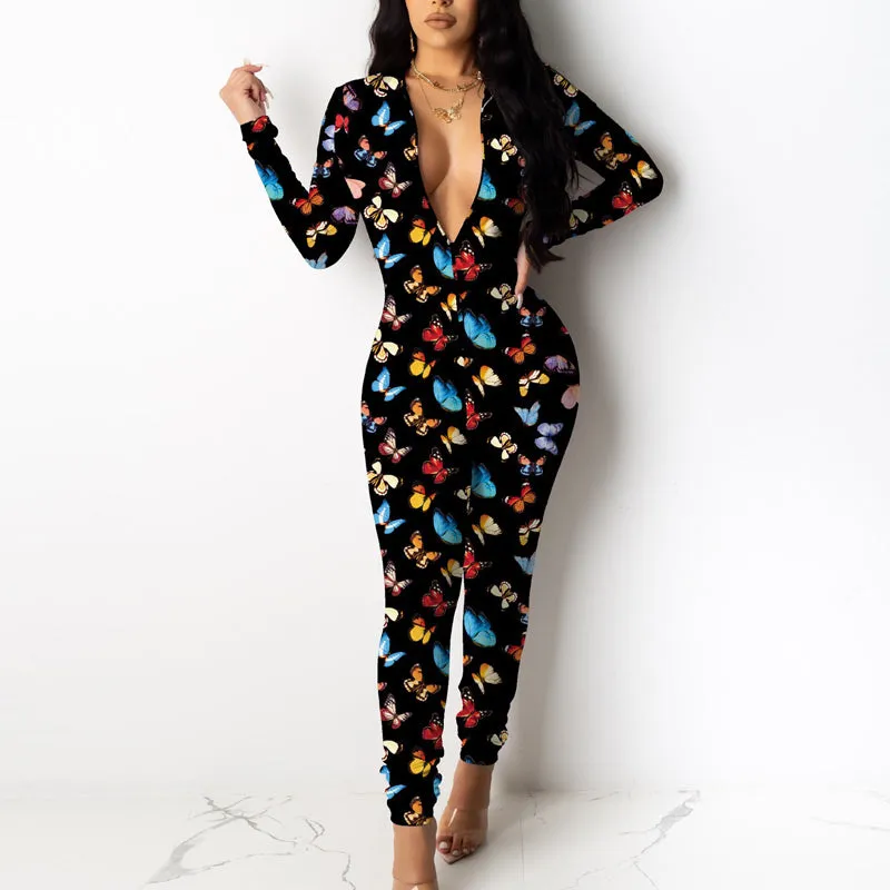 Butterfly Print Deep V-Neck Jumpsuit