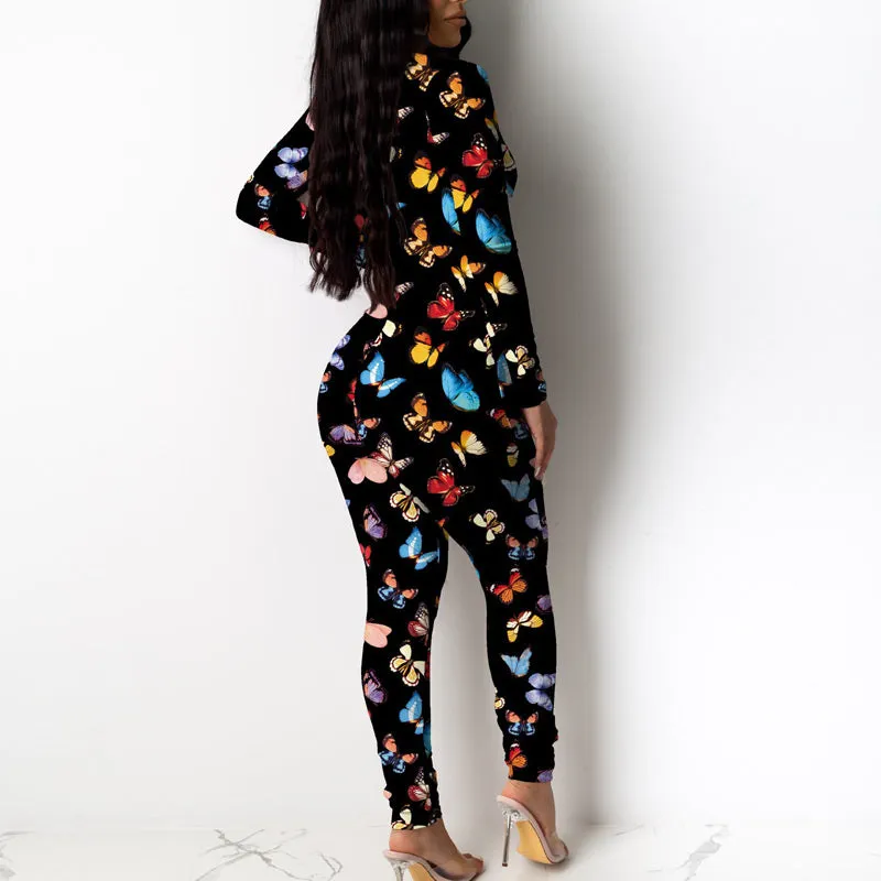 Butterfly Print Deep V-Neck Jumpsuit