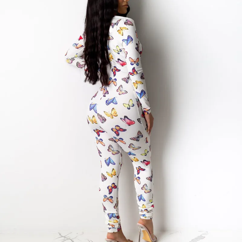 Butterfly Print Deep V-Neck Jumpsuit