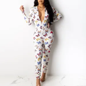 Butterfly Print Deep V-Neck Jumpsuit