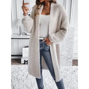 Chevron herringbone soft knit long cardigan sweaterter coatigan tan