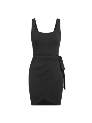 CIDER Women's Sleeveless Summer Dress Casual Wrap Bodycon Ruched Dress Tie Waist Beach Mini Dresses: Black, XL