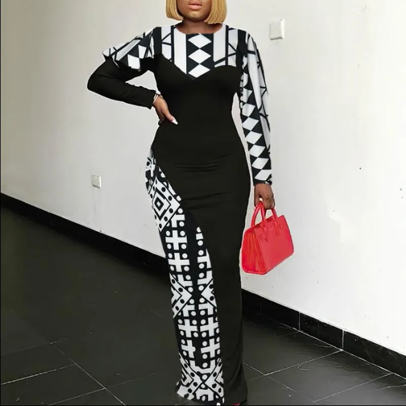 Colorblock Geometry Print Long Sleeve Party Dress