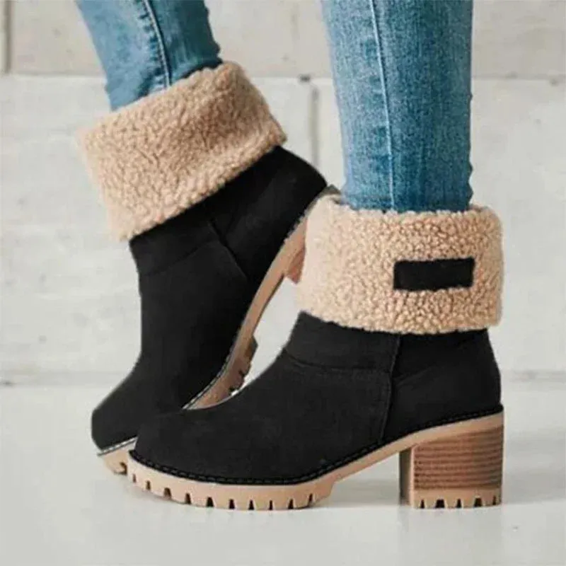 Comfortable Plus Velvet Warm Square Heel Round Toe Solid Color Women's  Ankle Boots