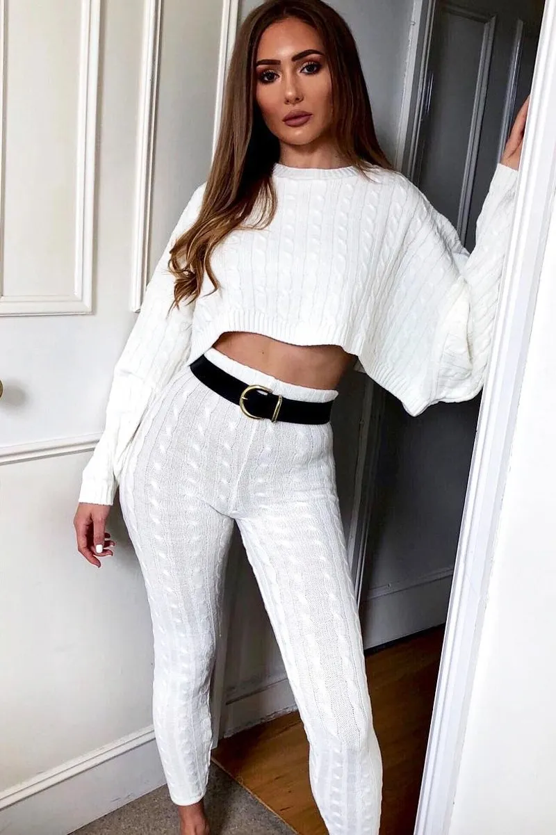 Cream Cable Knit Batwing Jumper Loungwear Set - Janea
