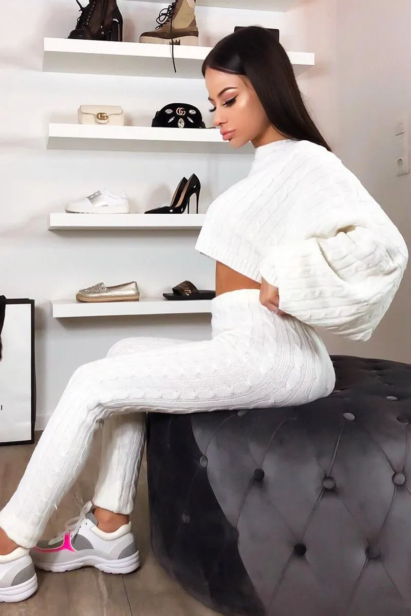Cream Cable Knit Batwing Jumper Loungwear Set - Janea