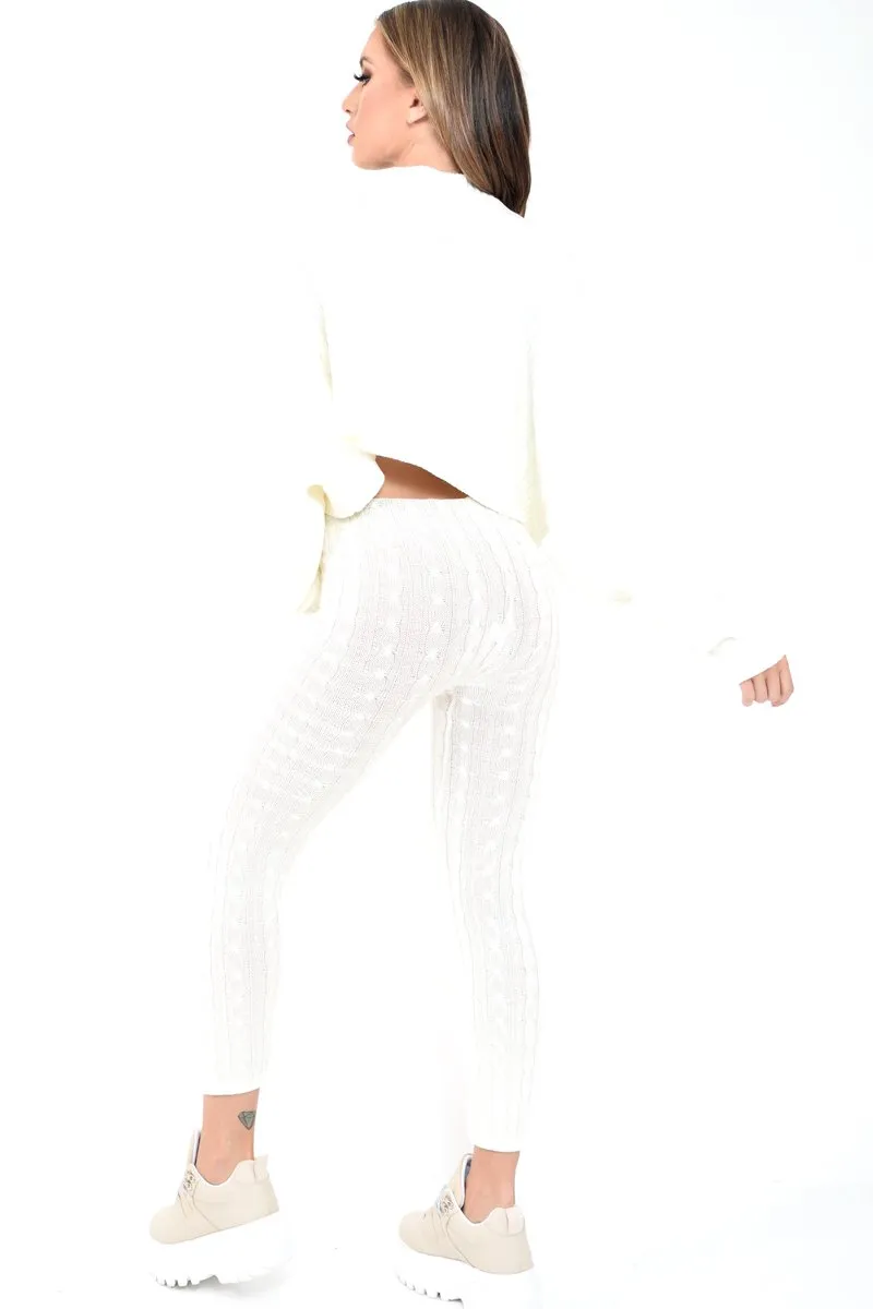 Cream Cable Knit Batwing Jumper Loungwear Set - Janea