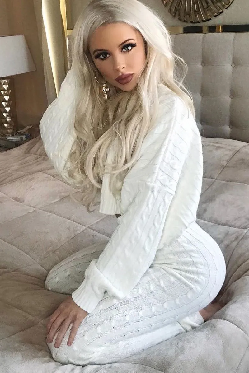 Cream Cable Knit Batwing Jumper Loungwear Set - Janea
