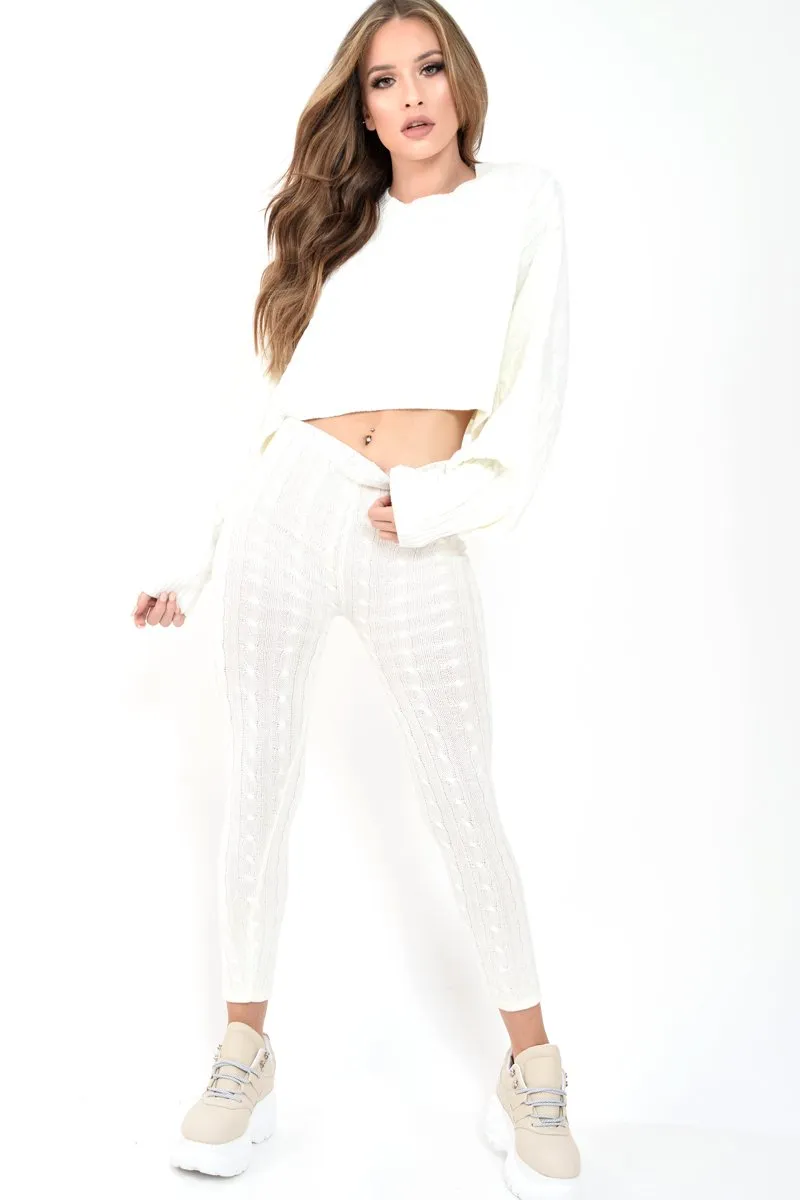 Cream Cable Knit Batwing Jumper Loungwear Set - Janea