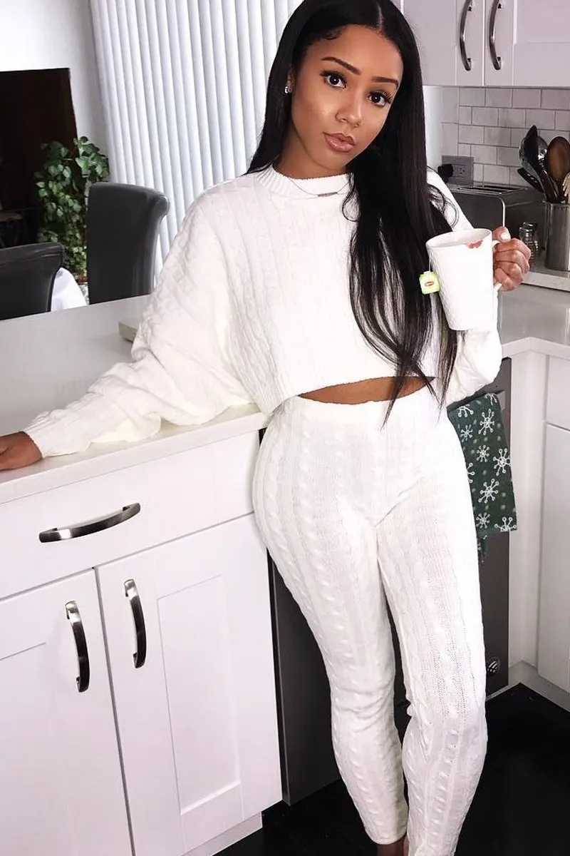 Cream Cable Knit Batwing Jumper Loungwear Set - Janea