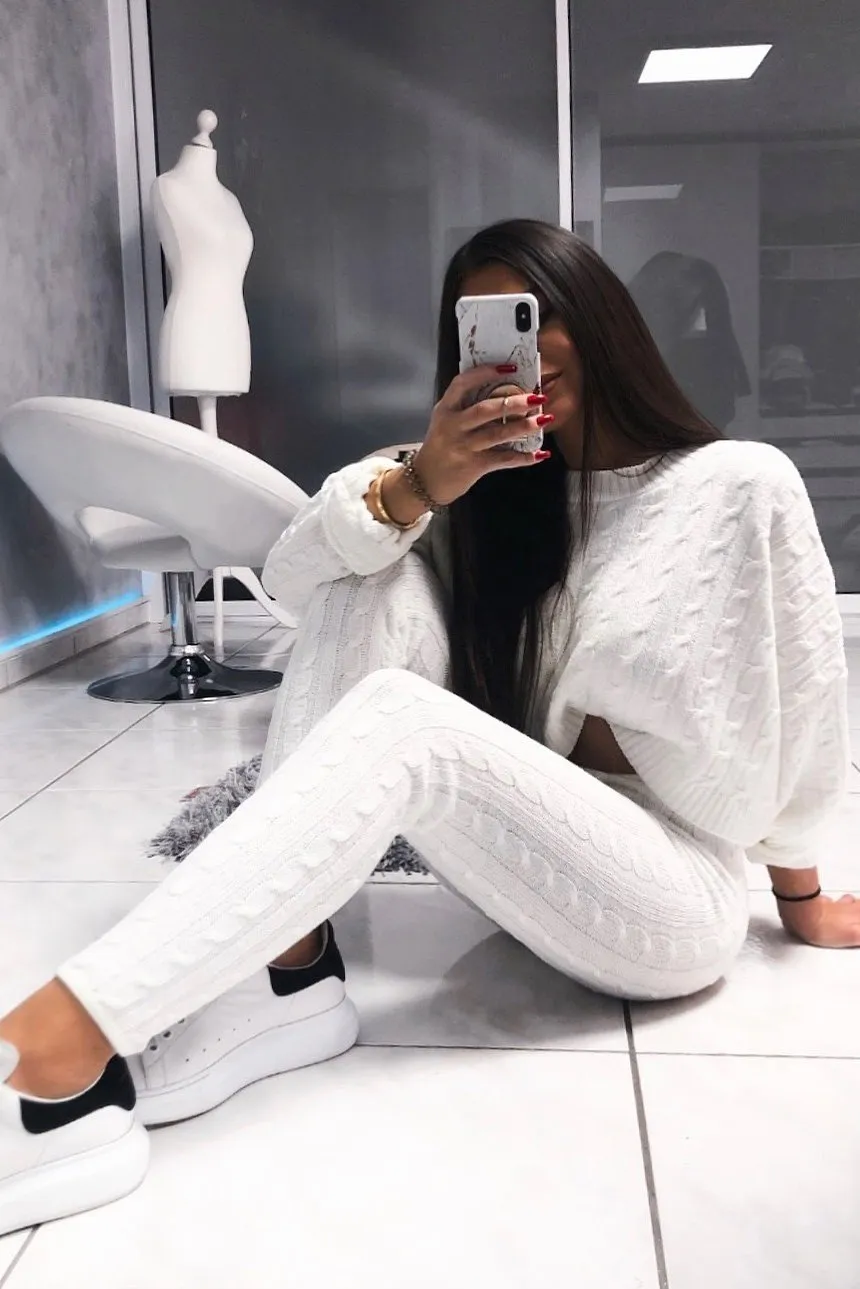 Cream Cable Knit Batwing Jumper Loungwear Set - Janea