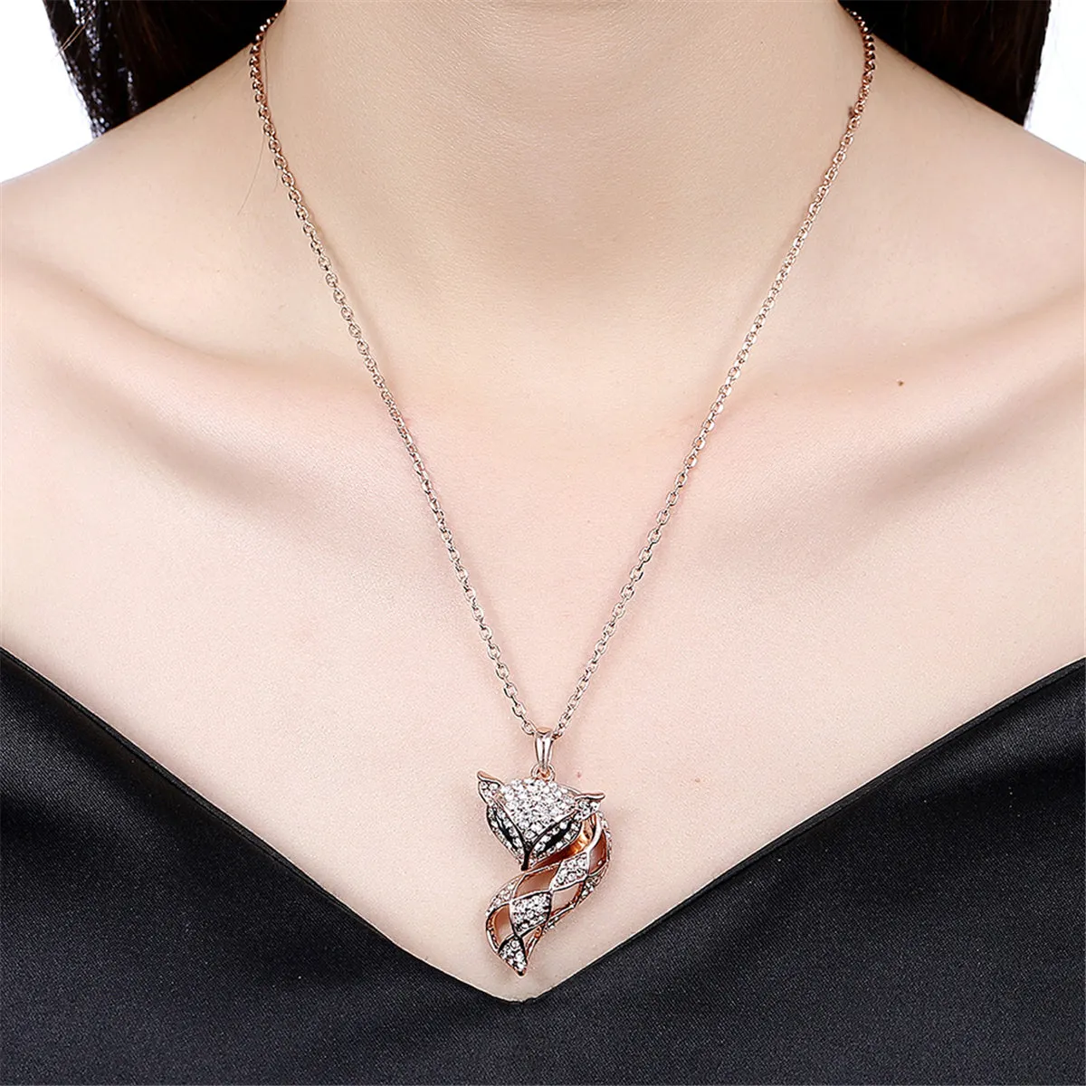 Cubic Zirconia & 18K Rose Gold-Plated Fox Pendant Necklace
