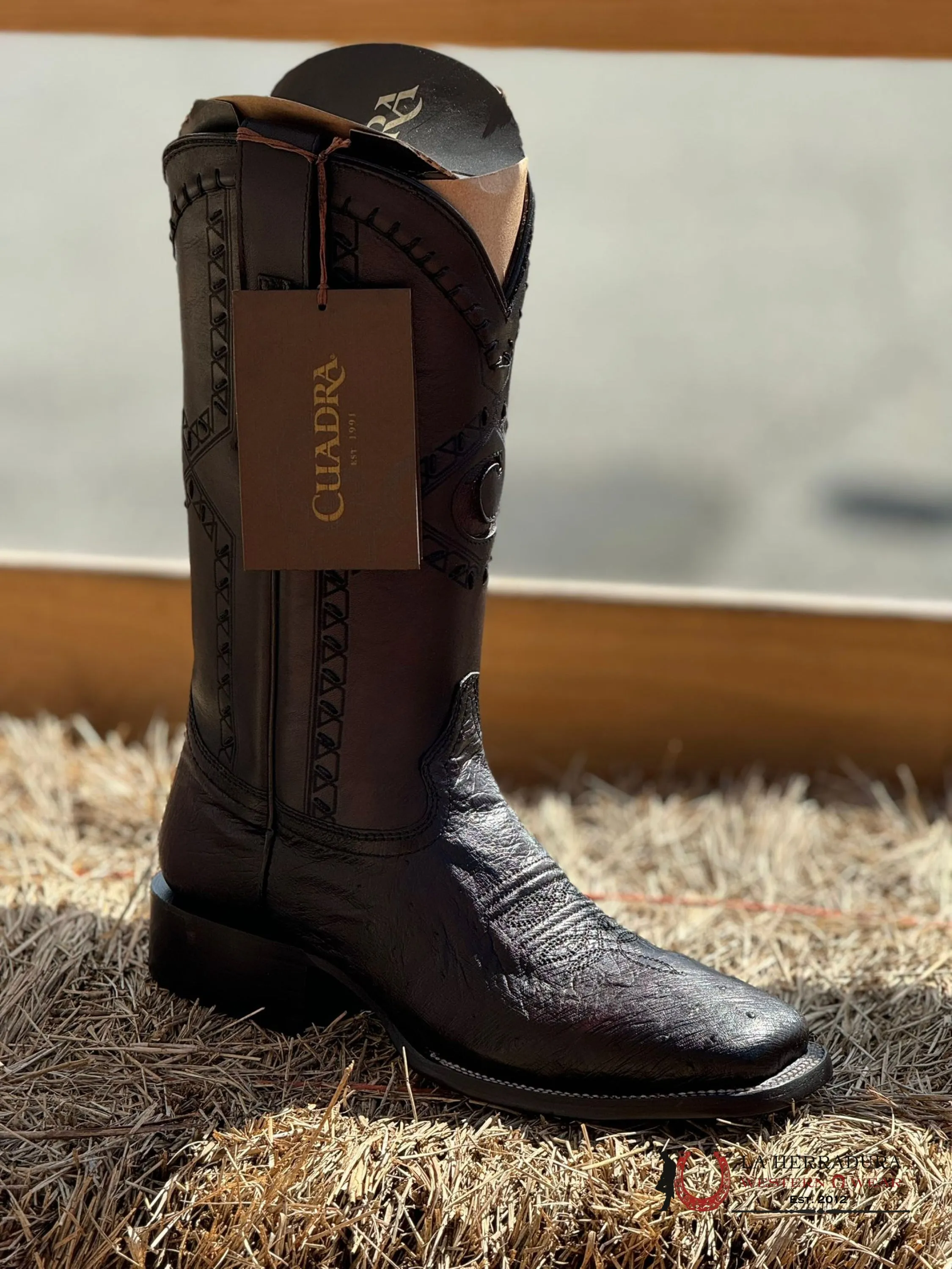 CUDRA BOOTS PANZA DE AVESTRUZ BLACK CHERRY LASER & WOVEN SQUARE TOE