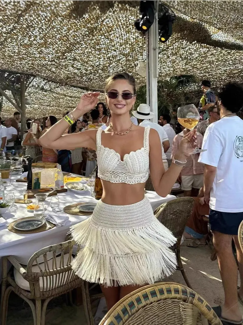 Elegant Summer Tassel-Trimmed Crochet Top and Flirty Mini Skirt Two-Piece Set