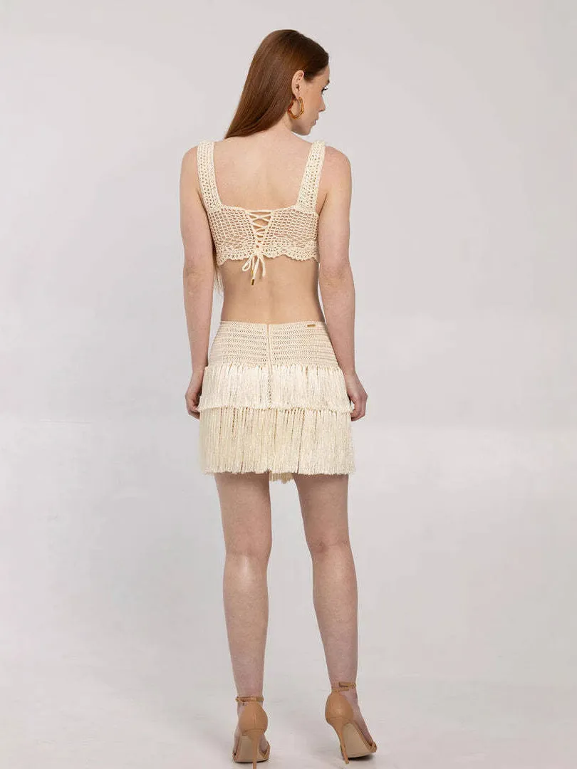 Elegant Summer Tassel-Trimmed Crochet Top and Flirty Mini Skirt Two-Piece Set