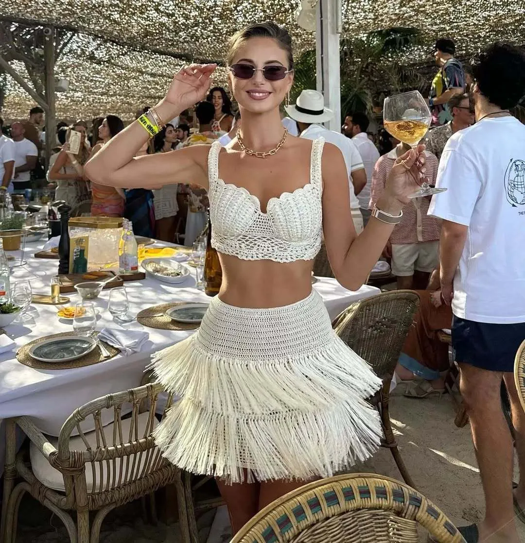 Elegant Summer Tassel-Trimmed Crochet Top and Flirty Mini Skirt Two-Piece Set