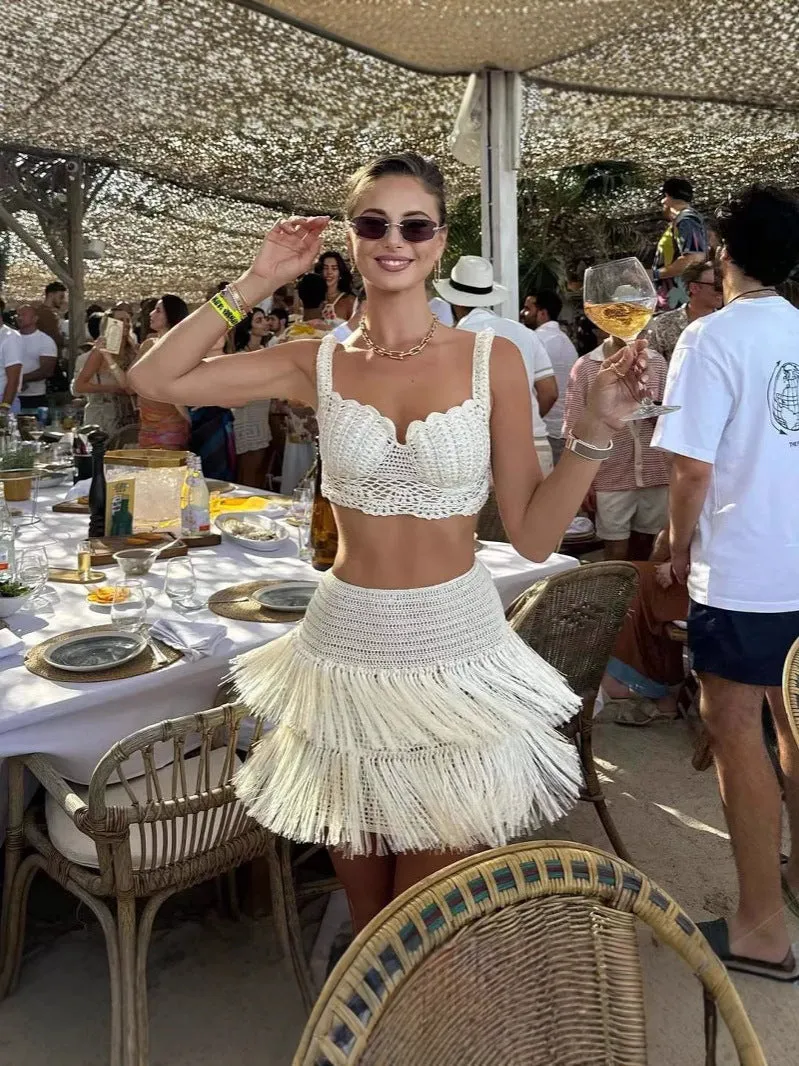 Elegant Summer Tassel-Trimmed Crochet Top and Flirty Mini Skirt Two-Piece Set