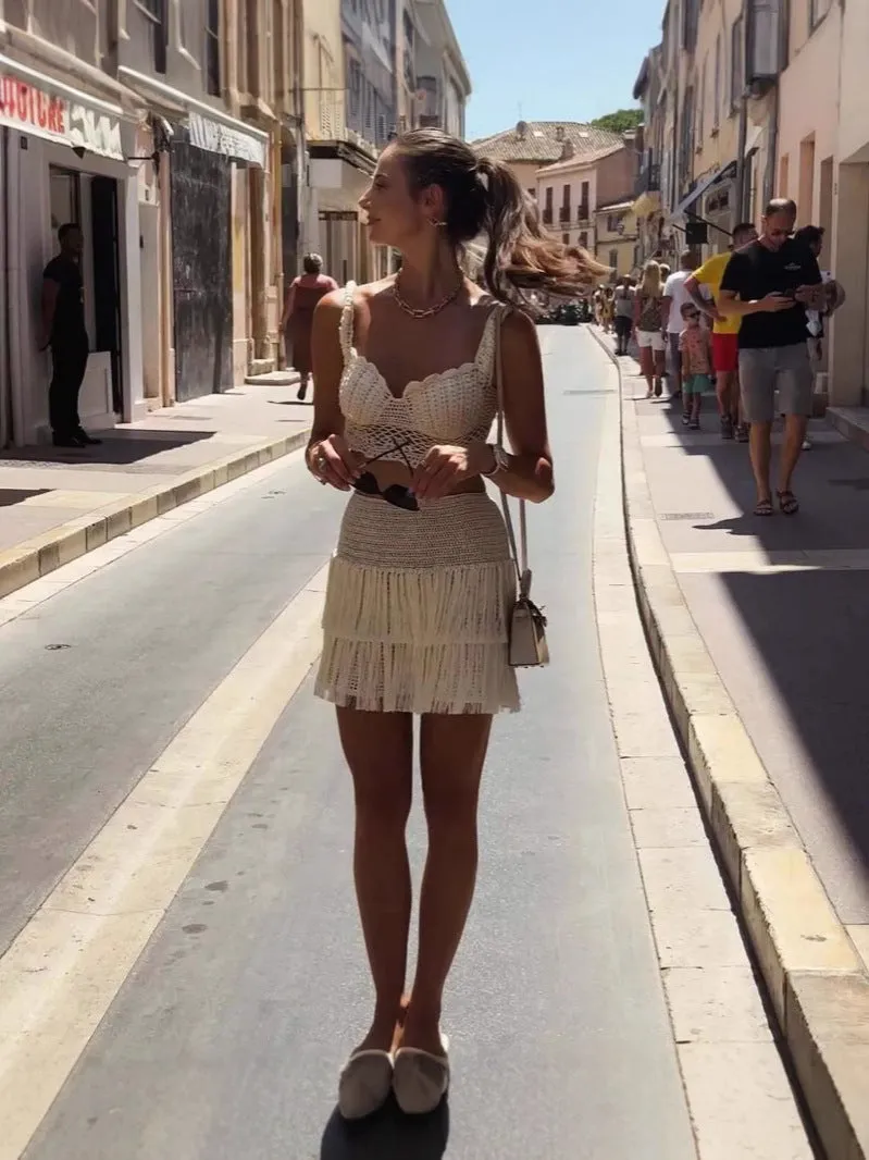 Elegant Summer Tassel-Trimmed Crochet Top and Flirty Mini Skirt Two-Piece Set