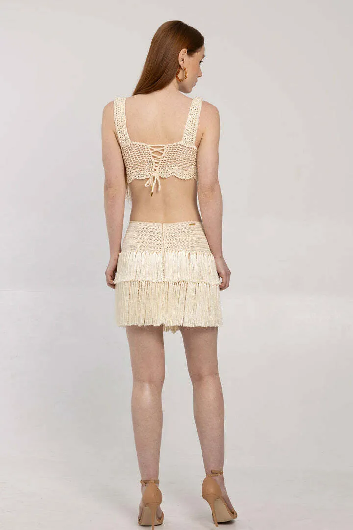 Elegant Summer Tassel-Trimmed Crochet Top and Flirty Mini Skirt Two-Piece Set