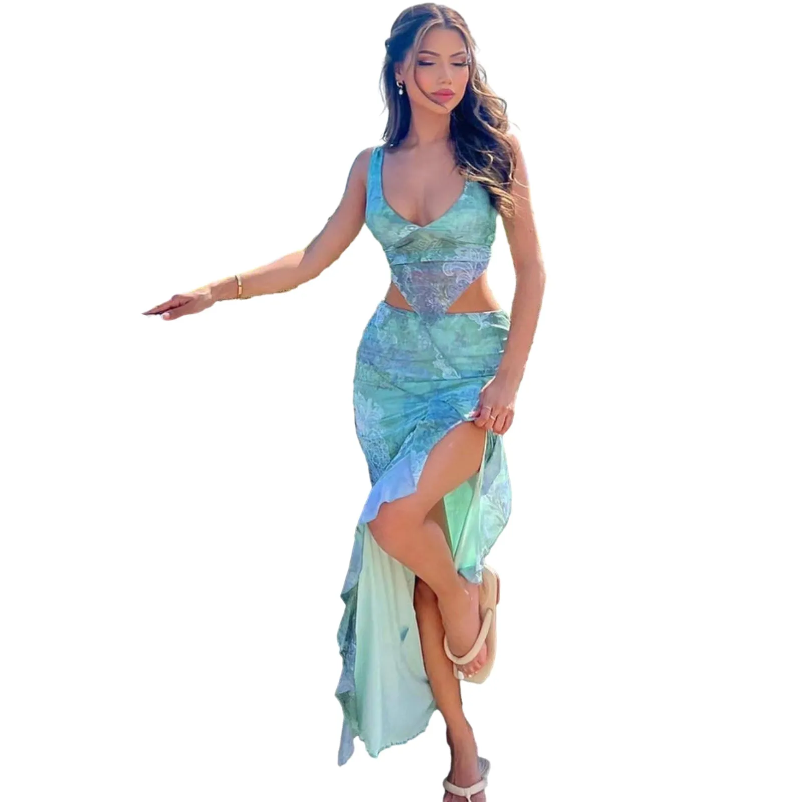 Ethereal Mesh Print Cut-Out Two-Piece Set with Slit Maxi Skirt