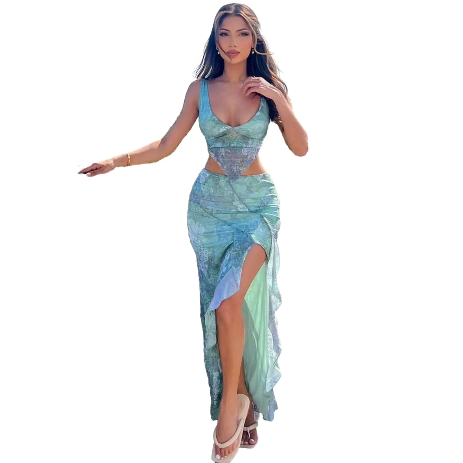 Ethereal Mesh Print Cut-Out Two-Piece Set with Slit Maxi Skirt