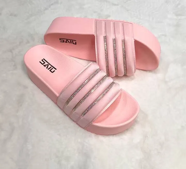 Fashion design lady shlippers tie-dye printed sandals neon rainbow colors shining diamonds luxury style outdoor women slides
