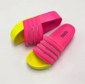 Fashion design lady shlippers tie-dye printed sandals neon rainbow colors shining diamonds luxury style outdoor women slides