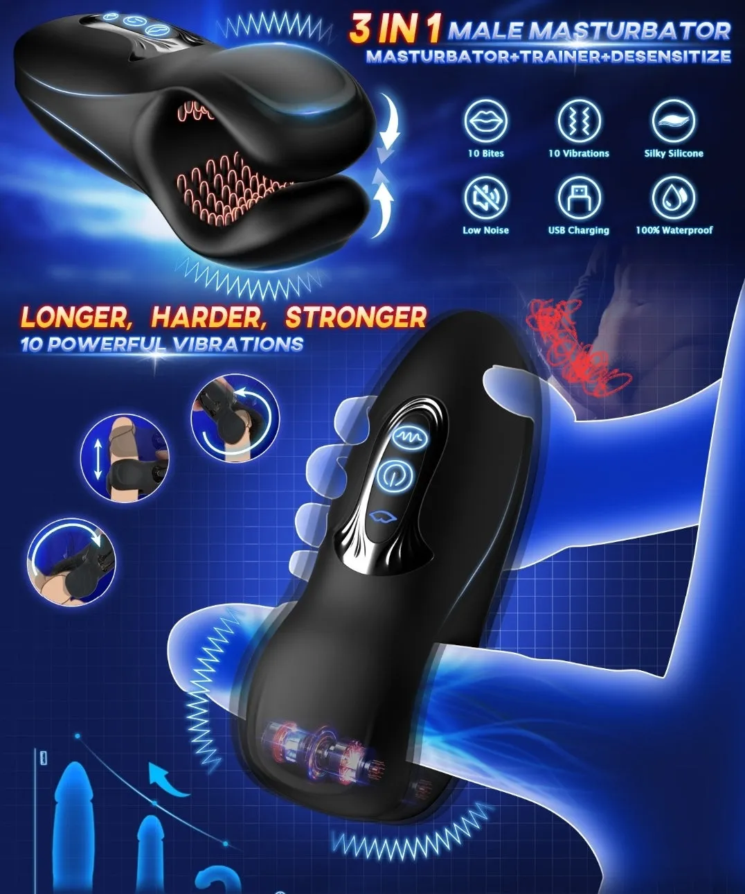 First-Ever Dual-Head Bite Male Dual Vibrating Bite Trainer Delay Training Masturbator Erection Booster 10 Fitted Bite Modes & 10 Powerful Vibration Modes